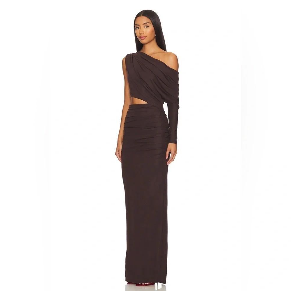 NBD Yahaira Maxi Dress Dark Brown Large One Shoulder Cutout NWT
